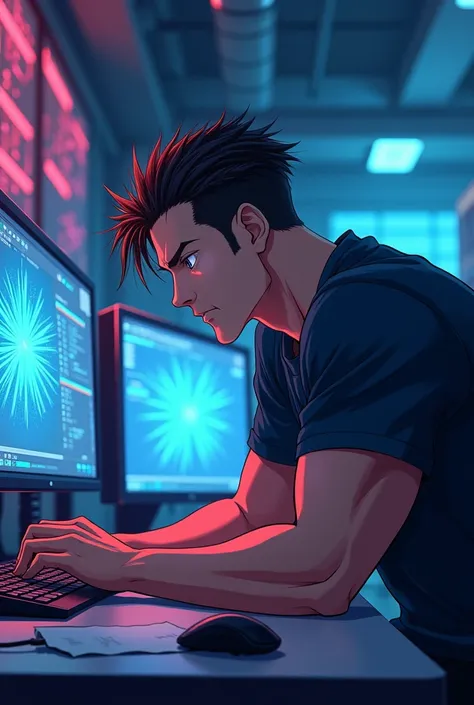 Adult anime style man on a computer looking forward 