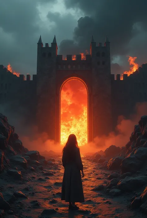 a woman in front of the gates of hell watching a storm