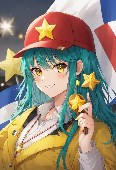 Girl with long dark turquoise hair, yellow eyes, yellow star pin in her head. Like a tourist visiting the country of Chile, wearing a kitsune haori a flag of Chile on the back