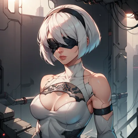 score_9, score_8_up, score_7_up, score_6_up, 1girl, 2b, nier automata, (ultra HD quality details),  ((short hair, white hair, hairband, Blindfolded, medium breast)), (cinematic lighting:1.2), Cyberpunk Environments, interiors