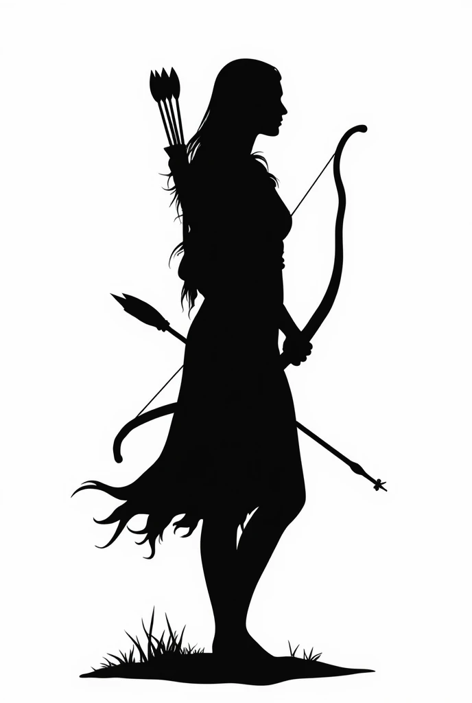 *Artemis*: A graceful female figure, dressed in light, natural clothing, with a longbow in one hand and a quiver of arrows on his back. Your posture is vigilant, as if he were about to shoot an arrow. Just the black silhouette with the white background