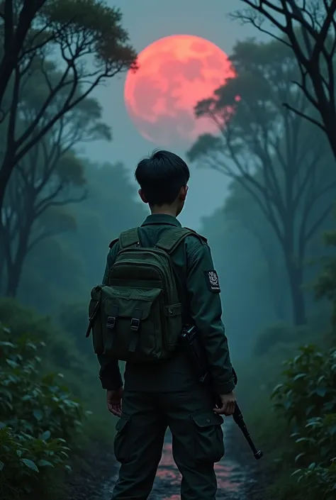 (Masterpiece:1.2,Highest quality,Ultra high resolution,very detailed,realistic,Ultra high resolution,8ก,Wallpaper,(Taking photos of Thai soldiers),Young soldier,Wearing a green camouflage suit,Carrying a gun,stand with back,Look at the mysterious things th...