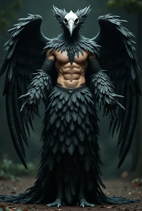 God male with long bottom make of feather, top less, slim body, bird skull half face mask ,  long sleeves make of feather, full black.