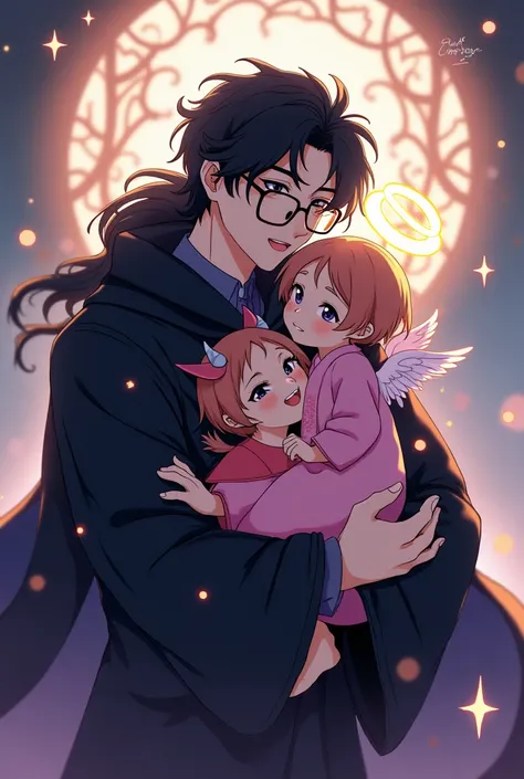 Draw a male protagonist with square glasses, black hair, and a black wizard robe, like an anime other world Korean, hugging a small, cute, pink-dressed little angel with an angel ring and a pink-dressed little devil with a devil&#39;s ring and a little dev...