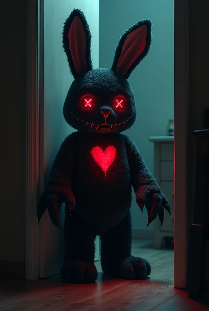 A terrifying black plush bunny monster emerges from a dark under the bed. Its body is elongated, with grotesque limbs and sharp claws protruding from its paws. Its stitched red heart pulses with a sinister glow, and one of its eyes is replaced with a glowi...