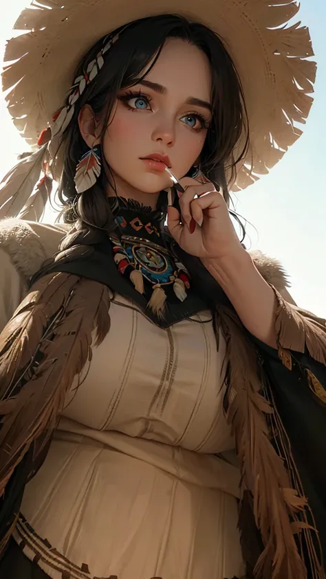 ((high detailed, best quality, 4k, masterpiece, hd:1.3)), ((best quality)), (((HD))), (((8k))), (ultraDH), (ultra HD), a native american woman, in open grassland, wigwam in background, native american headdress, wearing stereotypical feathered native ameri...