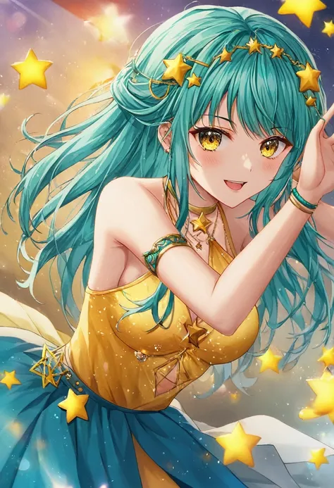 Girl with long dark turquoise hair, yellow eyes, yellow star pin in her head. Like a tourist visiting the country of Chile, wearing a dress from natives chileans, dancing traditional dance from the country Chile. 