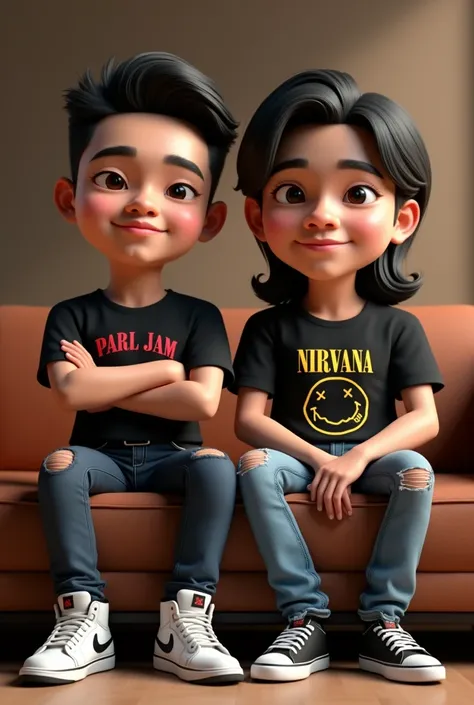 Realistic 3D caricature, 3D rendering effect, smooth and soft lighting. An Indonesian young man looks cool. smile. wearing a black Pearl Jam t-shirt, short jeans, white Jordan sneakers, folding his arms in front of his chest, next to him was a handsome you...