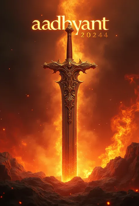 Background: Intense fiery flames in reds, oranges, and yellows.
Sword: A grand, mythical sword in the foreground.
Text:
"AADHYANT" in large, bold, elegant font, in a color like gold or silver.
Below it, "2024" in a smaller, complementary font.