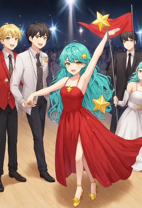 Girl with long dark turquoise hair, yellow eyes, yellow star pin in her head, flowered red dress, dancing with a man on tall shoes, flag of Chile on the back 