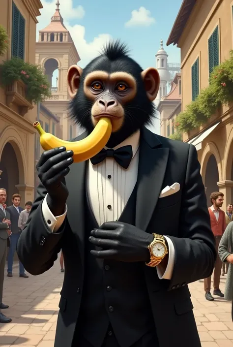 Potresti generarmi unimmagine con un gibbone hoolock nero con uno smoking e un urologist costoso al polso mentre mania una banana in una piazza centrale con stile europeo traditional?