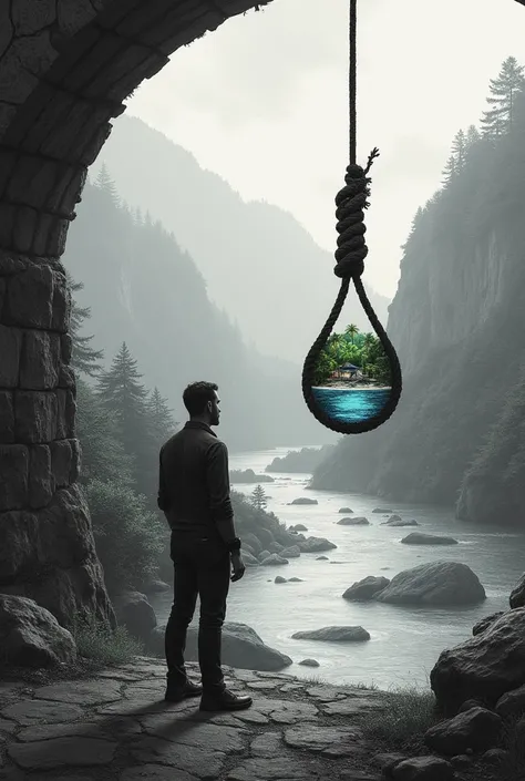 Drawing of a man standing by a old time bridge with water flowing near a small foresty city looking into a rope hanging down and at the end of the rope is a suicide noose tie black and white expect for the inside of the noose Inside the noose he will see a...