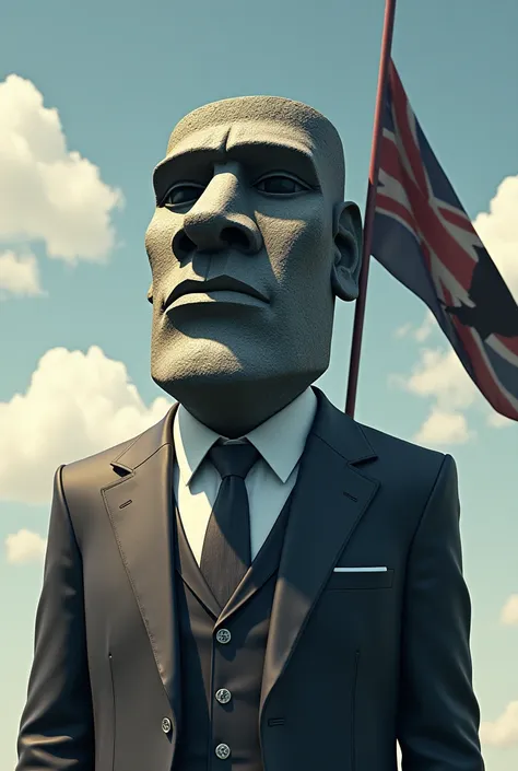 A sigma moai face in a suit holding an eagle flag