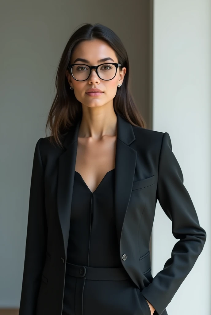 Girl in pant suits and wearing a glasses 