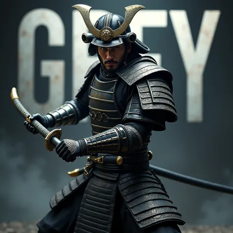 To create the realistic image like a photograph, imagine a fierce male slave samuraï in fighting posture with a katana, no helmet, dressed in black and silver integral detailed armor, who catches the light in a captivating way. it is written "Grey" in larg...