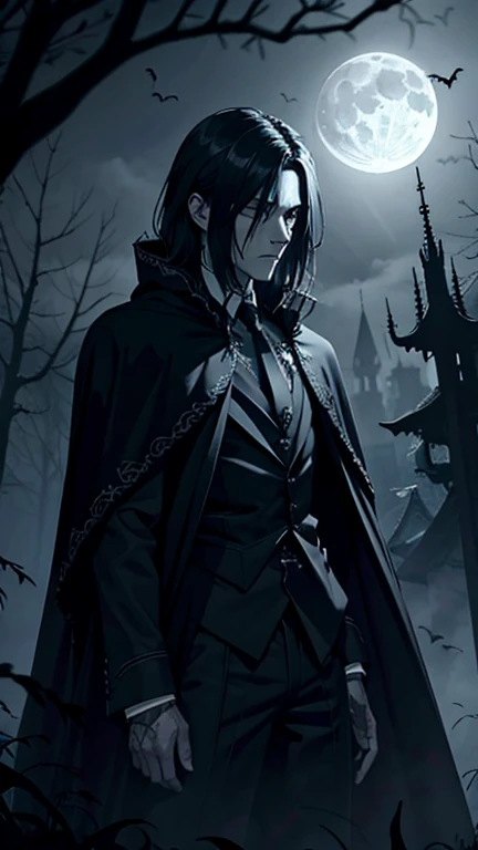 "Create a dark and gothic scene featuring a mysterious vampire standing beneath a full moon. The vampire is surrounded by bats in flight, with their wings casting eerie shadows. The landscape is bathed in moonlight, with twisted trees and mist swirling aro...