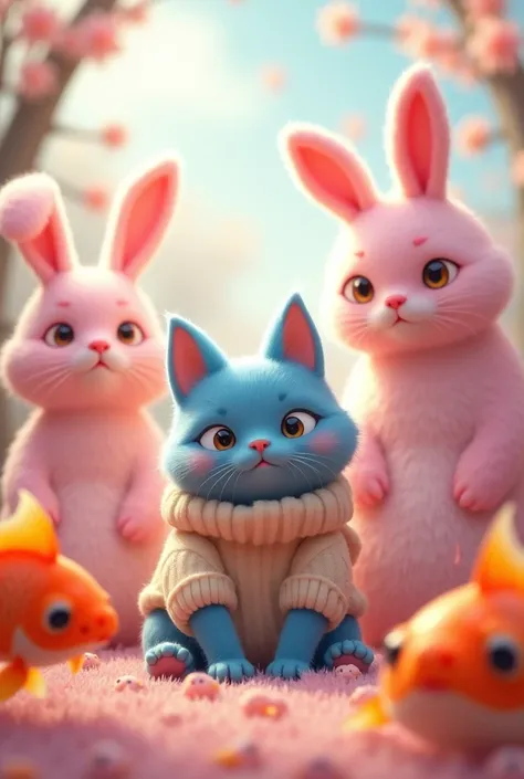 Could you please generate me an image with a blue cat wearing a beige sweater along with a goldfish?,a pink bunny,a blue cat and a large pink rabbit?