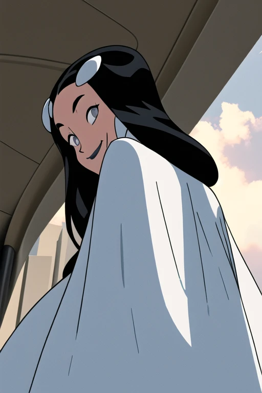 Tinya Wazzo, solo,black hair, long hair. grey eyes, smile, grey lips, white cape, best quality, masterpiece, 1girl, Masterpiece, Best Quality, Detail, From Behind, From Below, cape in behind, body capes, cape in front, waking, cape on ground 