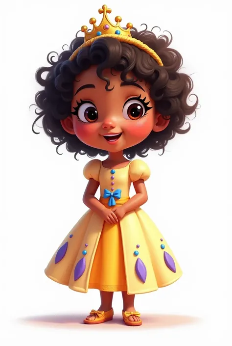 Chat I need an image of a princess with childlike features, about , Brunette with curly hair, with pastel colored princess dress, wearing a crown. This drawing needs to be in the style of Wreck-It Ralph, something a little more cartoonish. Giving off a ver...