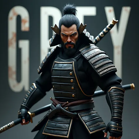 To create the realistic image like a photograph, imagine a fierce male slave samuraï in fighting posture with a katana, no helmet, dressed in black and silver integral detailed armor, who catches the light in a captivating way. it is written "Grey" in larg...