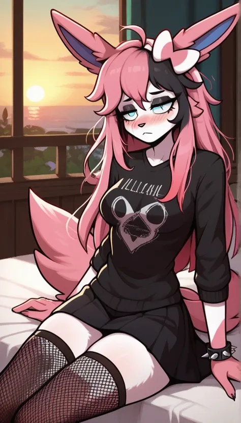 Tired expression, 1girl, anthro, furry, fur, fluffy fur, sylveon girl, pink hair (black highlights), cyan eyes, long hair, Messy hair, (19 years), medium breast, thighs, solo, (bedroom), sunset, detailed, black sweater, black skirt, fishnet stockings, anno...