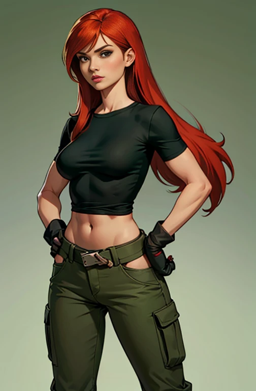 girl, hot, portrait, medium breasts, slim, long red hair, side bangs, kim possible, hot, soft or colored lips, black shirt, gloves, loose green cargo pants, simple green background, plain colors,  hands on hips, perfect hands, anatomy perfect