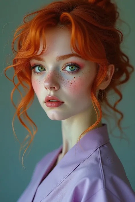 Girl with fiery red curly long hair. very pale skin, all covered in freckles. High cheekbones, rosy cheeks. Eyes are emerald green. Eyebrows and eyelashes are light red. Dressed in a pale purple surgical suit.