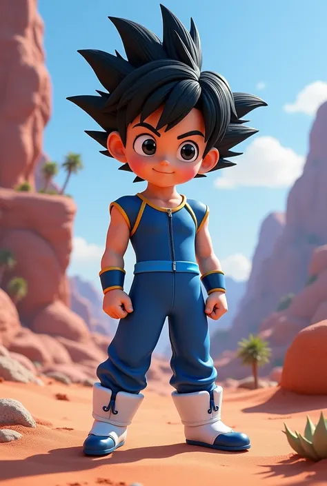 A boy with spiky black hair and the clothes of blue future trunks and white pants in the style of Disney Pixar