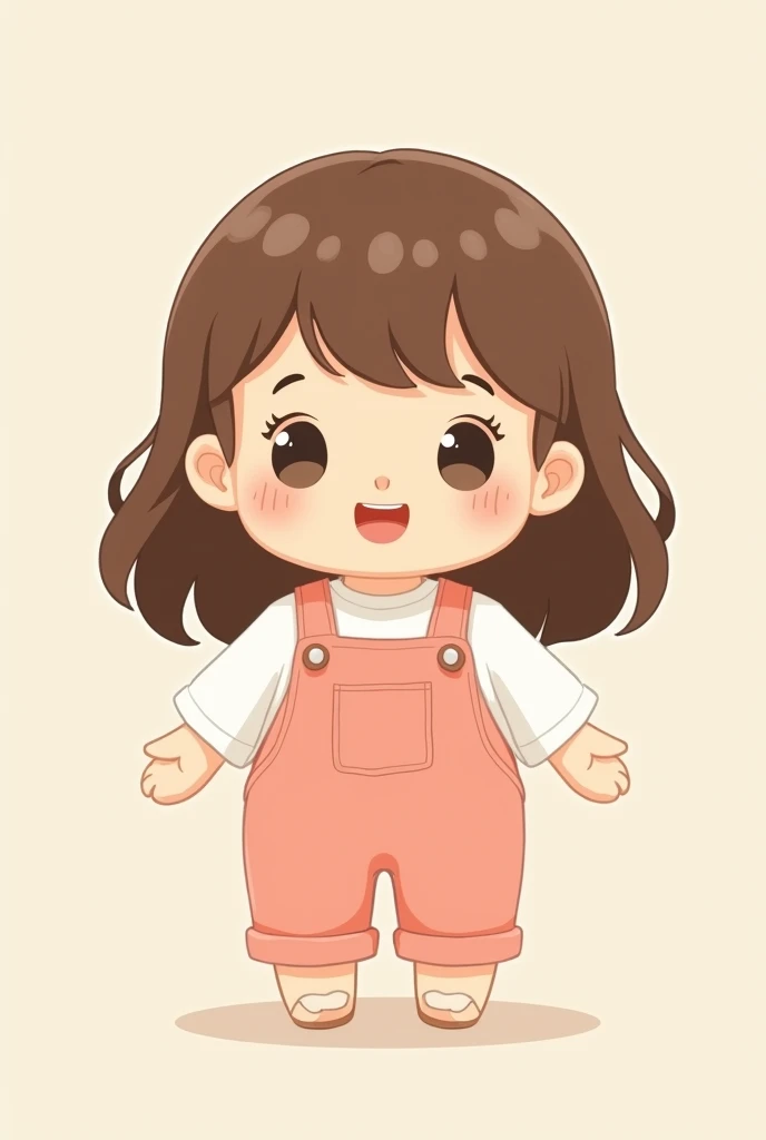 Stationery mascot , brown wavy straight hair, wearing pastel colored dungarees, happy