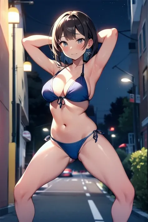 masterpiece, super details, best quality, beautiful girl, bikini, spread legs standing, embarrassed, hands up behind head, town, street, night