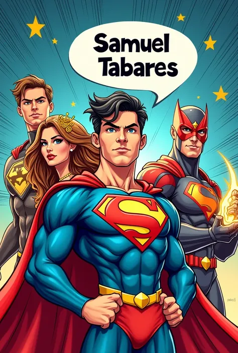 Cover of children&#39;s notebooks with illustrations of superheroes with the name SAMUEL TABARES 