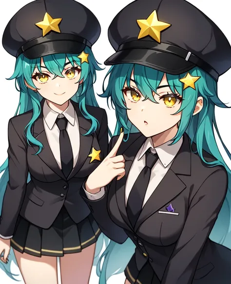 Girl with long dark turquoise hair, yellow eyes, yellow star pin in her head, wearing a black suit with a black skirt and a black hat 