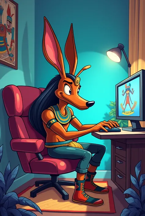 god anubis stretch cartoon playing video game