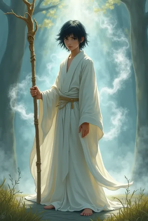 Teenager with black hair that reaches the tip of his ear, white robe, holding a staff and surrounded by spirits