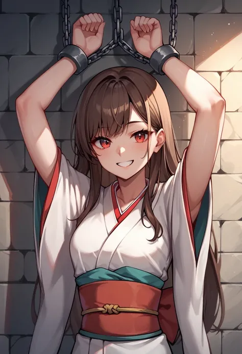 score_9, score_8_up, score_7_up, score_6_up, score_5_up, score_4_up, source_anime, 1girl,amber5star, upper body, smile, brown hair, long hair, red eyes, w-w-chain, shackles, raise arms, kimono, dungeon, best quality, best res, 4K UHD,
 