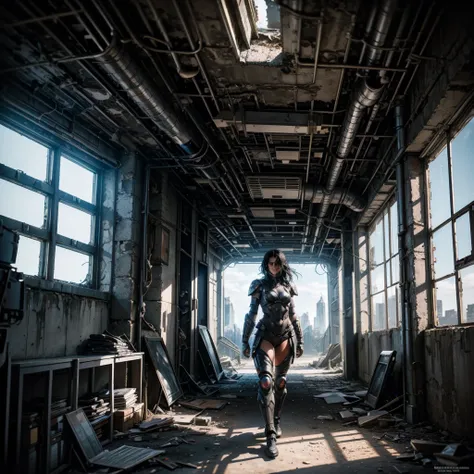 
a young futuristic warrior taking refuge in an old abandoned barracks, High Resolution, Anatomically Correct, Accurate, High Quality, Super Detailed, Medium Hair, Black Hair, Drunk, Moaning, clear light,8K,futuristic city,in front of the obcietive 