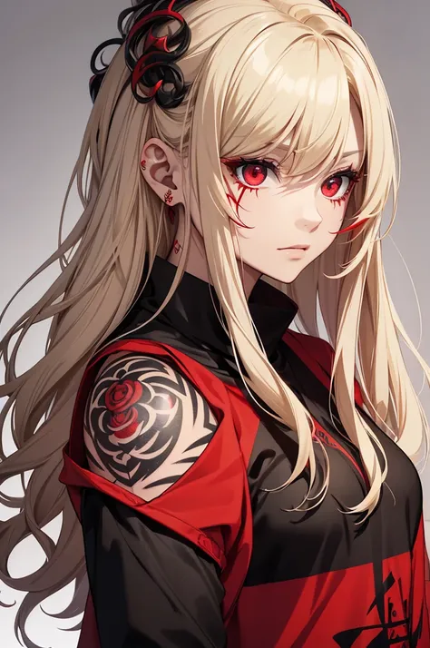 Profile portrait image of a woman with long, light blonde hair., with red and black highlights and curly black hair, Red eyes, She wears social clothes and has many ((tattoos on his body)). She&#39;s smiling like a villain, with a moon tattooed on the face...