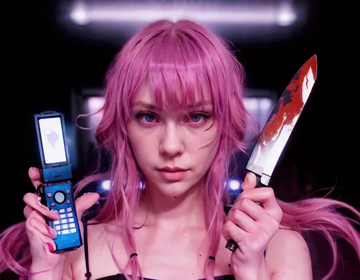 pink hair, long and wavy with bangs, black spaghetti strap top, dark backdrop with neon lights, holding a blue flip phone with a...