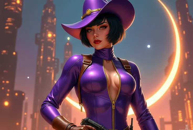 in a retro scifi style illustrate a female space adventurer wearing a shiny futuristic bodysuit that is a deep vibrant purple with a wide gold stripe down the front, it has a high collar unzipped around the neck. she has short black pixie cut hair and gold...