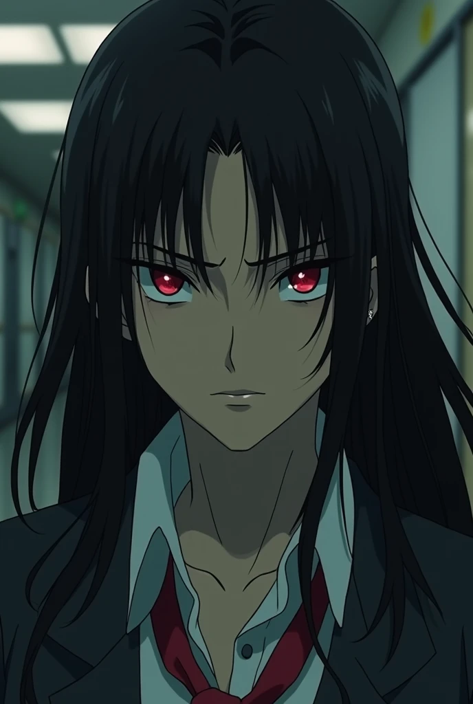 Man with long black hair , red eyes, half dull and deep, Caucasian skin,school roll, with the style of old anime 