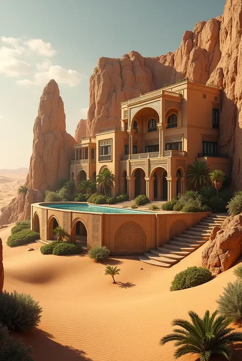 draw a villa in the desert,It is surrounded by a huge rock wall 