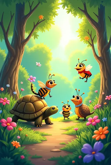 Cartoon of a colorful sunny forest with characters: tortoise, Toad, bee, ladyboy, and bird 
