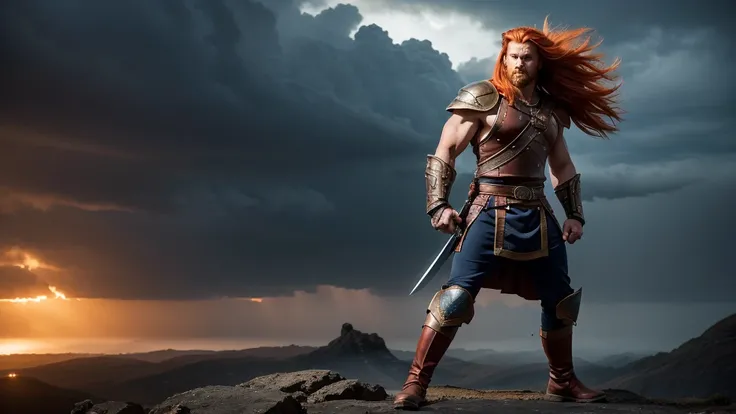 young warrior long orange hair, moves with the wind, super muscular on steroids, wears light, dark blue chest armor, wears a large belt on his waist with a large deep red evilla, wears blue viking pants and dark blue boots In only one of his hands (left ha...