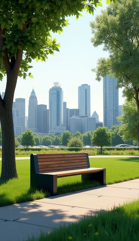 "A modern bench in an urban park, with the city skyline in the background. The bench is situated in a grassy area with trees planted around it and a paved path leading to a recreation area."