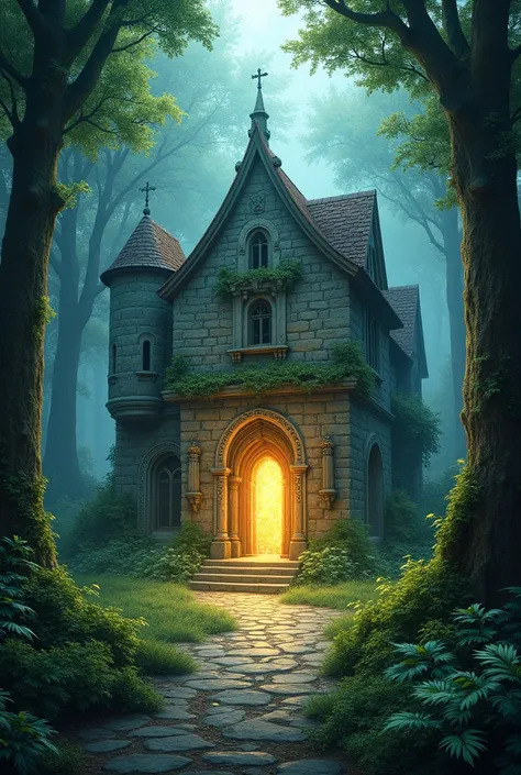 Create a mystical picture cover with forest medieval building with a kind of portal and lots of magic