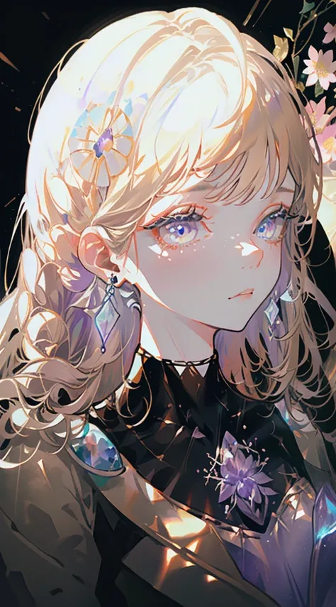 One beautiful anime girl,Very long blonde hair with fine curls,White-haired God, Glowing purple eyes,Gemstone Eyes,Wearing a dark violet princess dress and tiara, Wearing delicate associations and jewels,Detailed Gems , Cute anime girl in a cute dress,Eleg...