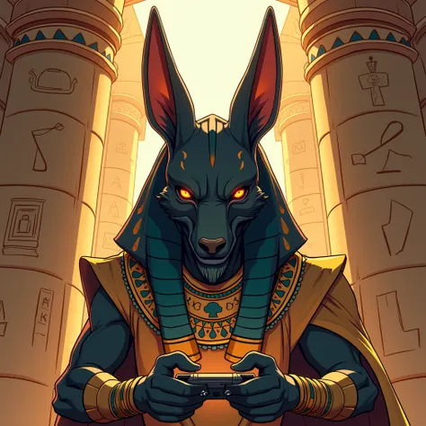 god anubis playing video game in anime style egyptian setting