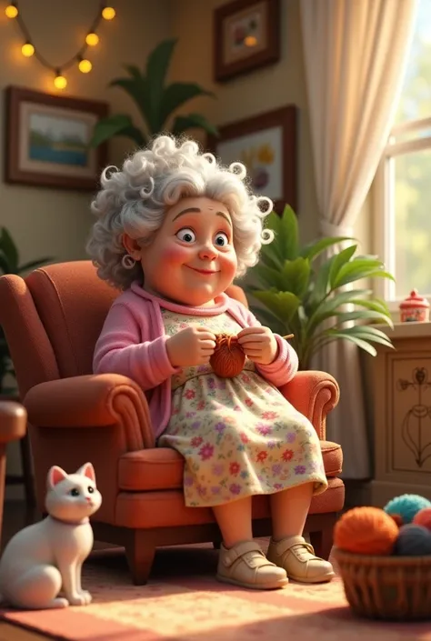 AN OLD WOMAN ,sweetie,chubby,Caucasian skin,eyes browns,with curly voluminous white hair, with some colored threads, is sitting comfortably in an armchair, a white cat sitting next to,knitting a blue piece. She is wearing a soft pink cardigan over a floral...