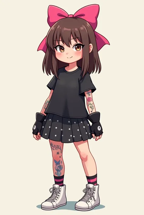 cartoon female character with a black shirt black skirt with small white stars, straight and brown hair, eyes locked, mouth with a slight smile, black rocker style gloves, pink bow on the side of the head, a white tennis shoe and tattoos on both arms