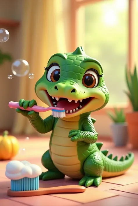 Un bébé crocodile mignon qui se brosse les dents version animé 